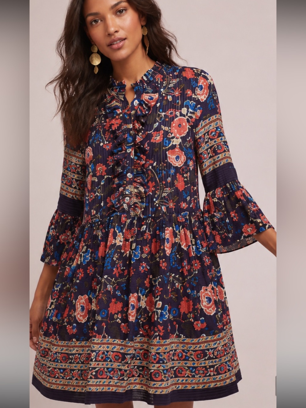 Anthropologie Navy Floral Ruffle-Front Tunic Swing Dress